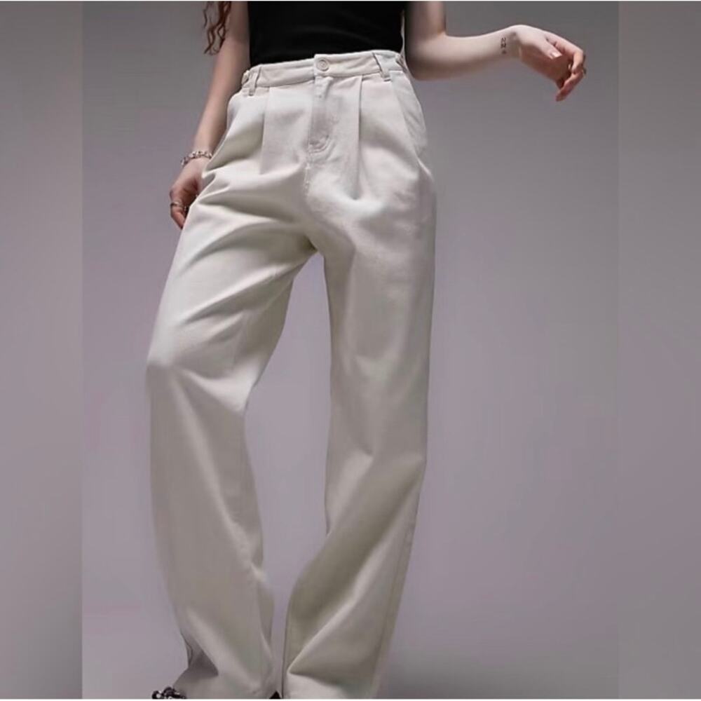 Button Tab Straight Leg Pants Pleat Front Ecru Casual Workwear Size 10 - Topshop